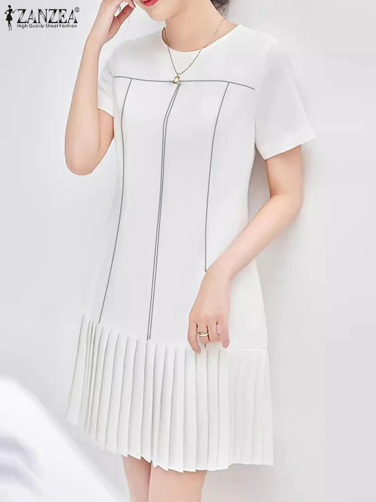 Maxy ZANZEA Women Holiday Solid Line Summer Mini Dress Fashion Short Sleeve Patchwork Sundress Casual Pleated Kaftan Dresses