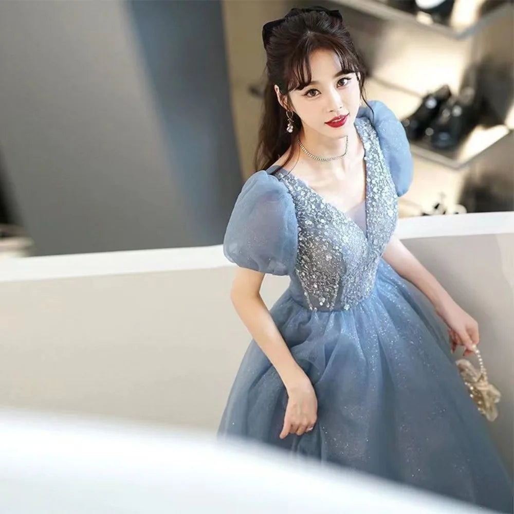 Maxy Puff Sleeve Long Prom Evening Dress for Women Mesh Party Formal Host Princess Evening Dresses Woman Elegant Glitter Party Gown