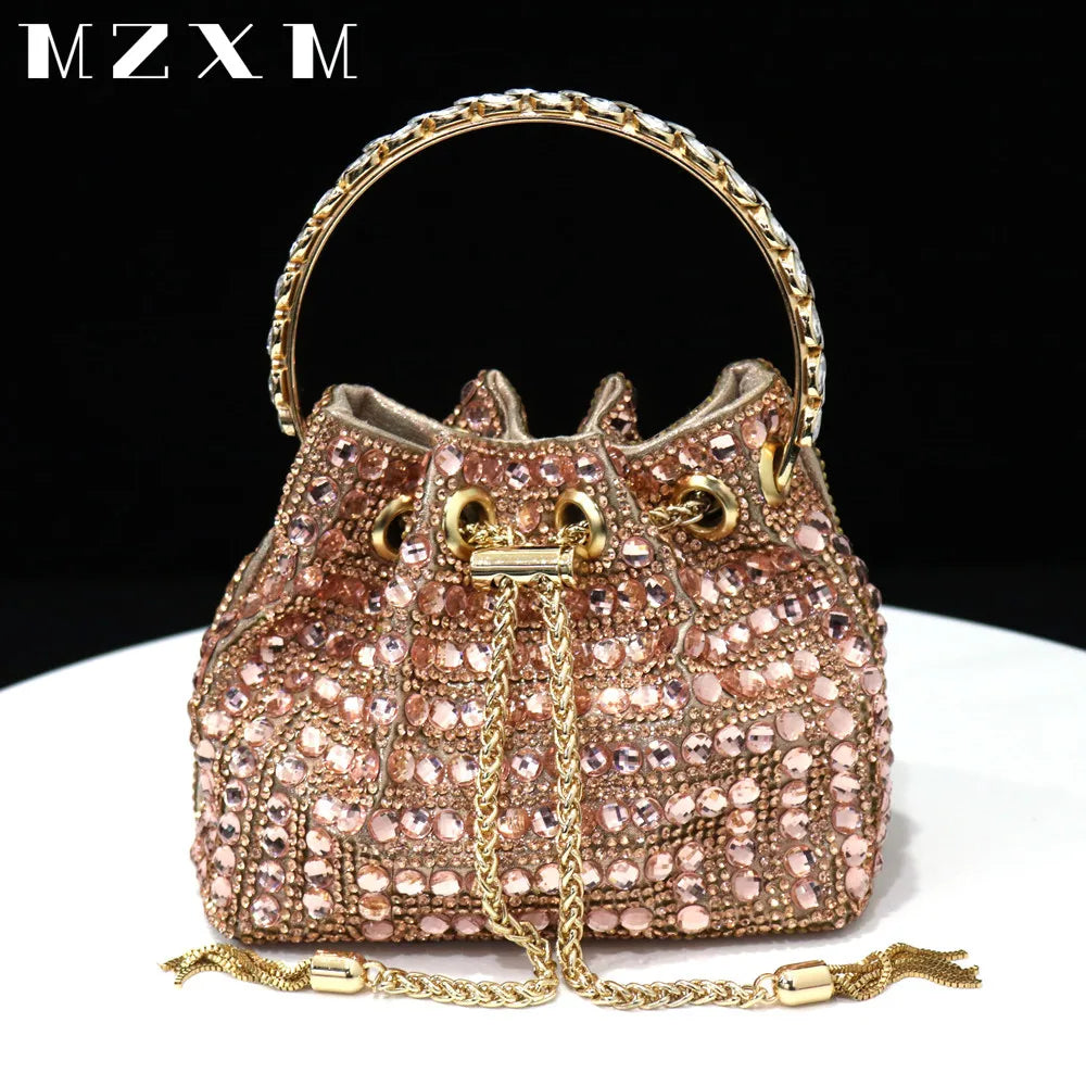 Maxy New Rhinestones Women Evening Bags Bucket Design Party Day Clutch Soft Mixed Color Shoulder Chain Handbags Purse