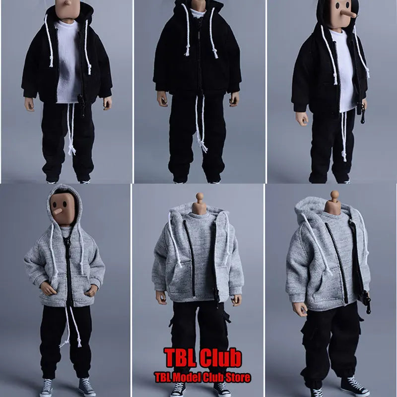 Maxy 1/12 Scale Male Soldier Clothes Set Casual Trendy Hooded Zippered Jacket Drawstring Sports Pants Fit 6inch Action Figure Doll