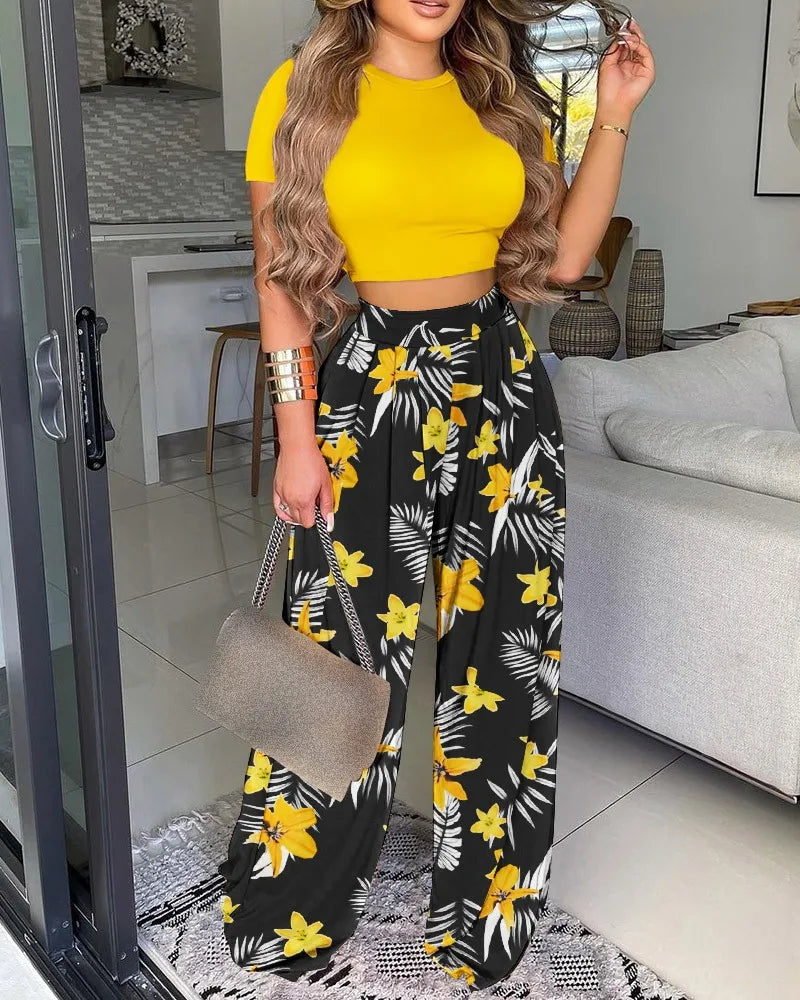 Maxy Women Open Bellybutton Set Summer Leisure Fashion Heartbeat Short Sleeved Top High Waist Women Wide Leg Long Pants Two Piece Set