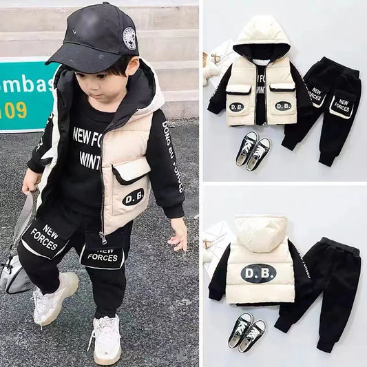 Toddler Boys Clothing Suit 2024 Autumn Winter Baby Kids Fashion Thicken Hoodies Vest Pants 3Pcs/Sets Children Costume Tracksuits