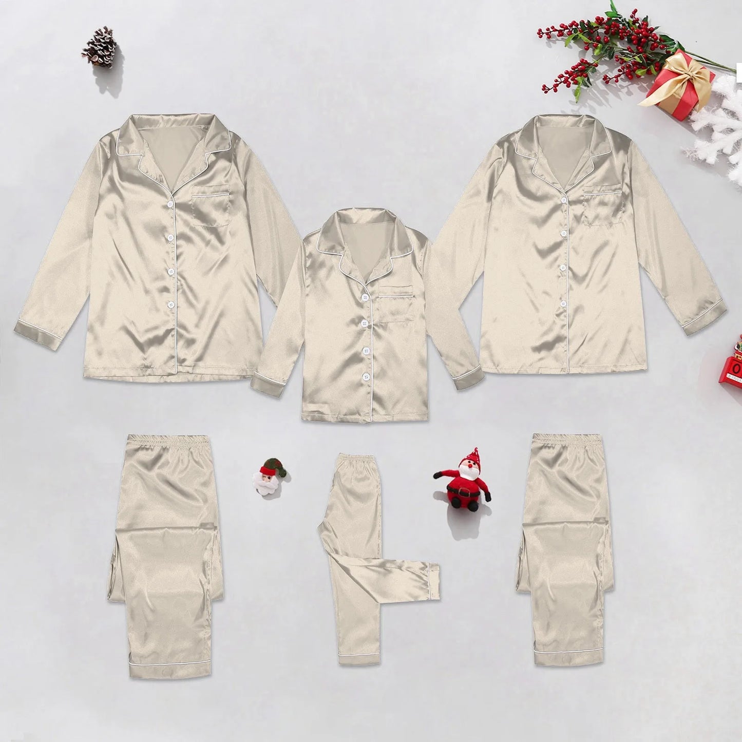 Maxy Satin Silk Family Matching Pajama Suits Christmas Sleepwear 2 Piece Set Solid Color Button Lapel Long Sleeve Shirts+Casual Pants