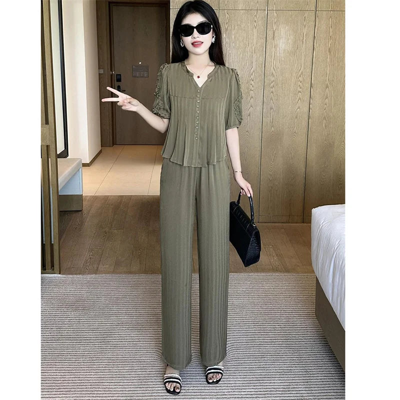 Maxy Short Sleeved Oversized Slimming Stylish Casual Summer Set Korean Version Sun Protection Suit For Women Shirt+Pant Two-Piece Set
