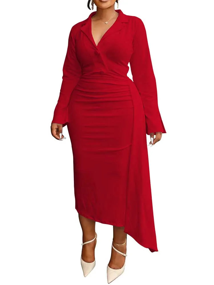 Maxy Plus Size Chubby Dress Curvy Women Solid Color Luxurious Slimming Evening Dresses V Neck Blazer Collar Long Sleeve Elegant Dress