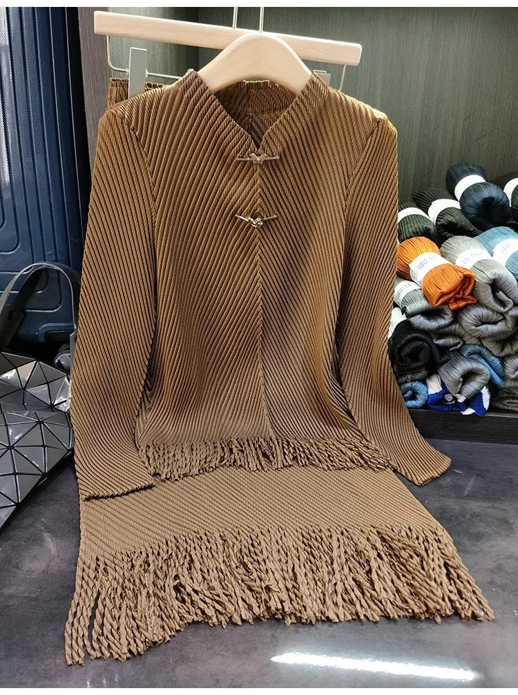 Maxy Miyake Pleated Tassel 2 Pieces Skirt Suit Women Long Sleeve Metal Butterfly Buttons High Stretch Tops + A-Line Midi Skirt Set