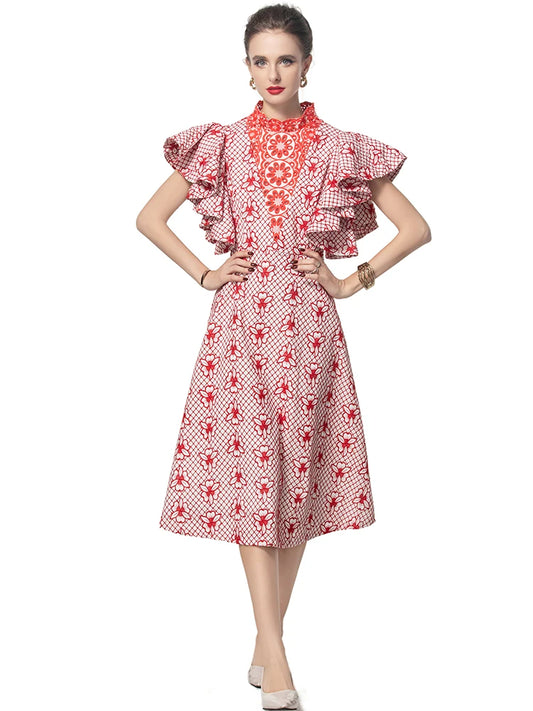 Maxy Seasoning Hollow Out Embroidery Dress For Women Stand Collar Flying Sleeves Red Vintage Dresses Fashion Autumn Female