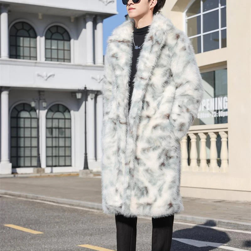 Visco Long Knee Length Faux Fur Coat Turn-down Collar Korea Fashion Contrast Color Long Sleeve Male Tops Jacket 21Z5563