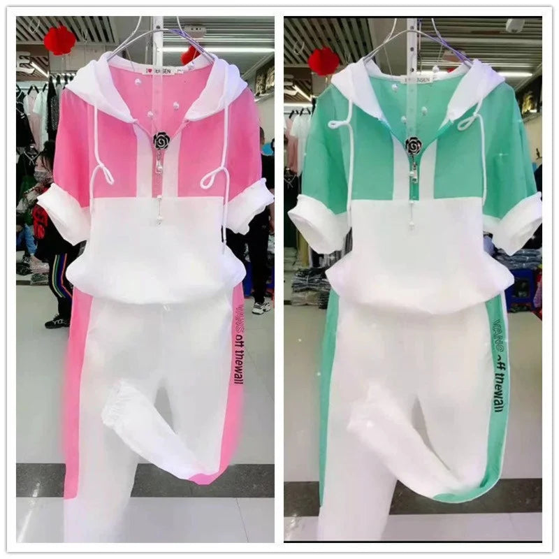 Amay Women's Casual Tracksuit Spring And Autumn New Fashion Suit Plus Size Short Sleeve Hooded Tops Pants 2 Two Piece Set For Women