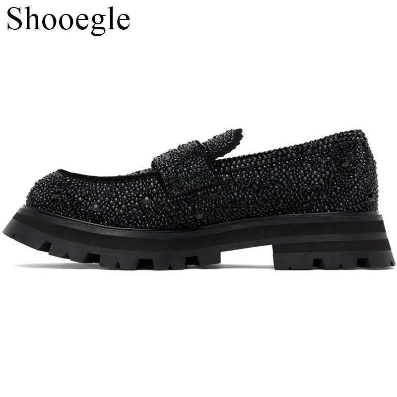 Visco High Quality Black Slip on Loafers British Style Rhinestone Men Casual Shoes Wedding Party Business Dress Shoes