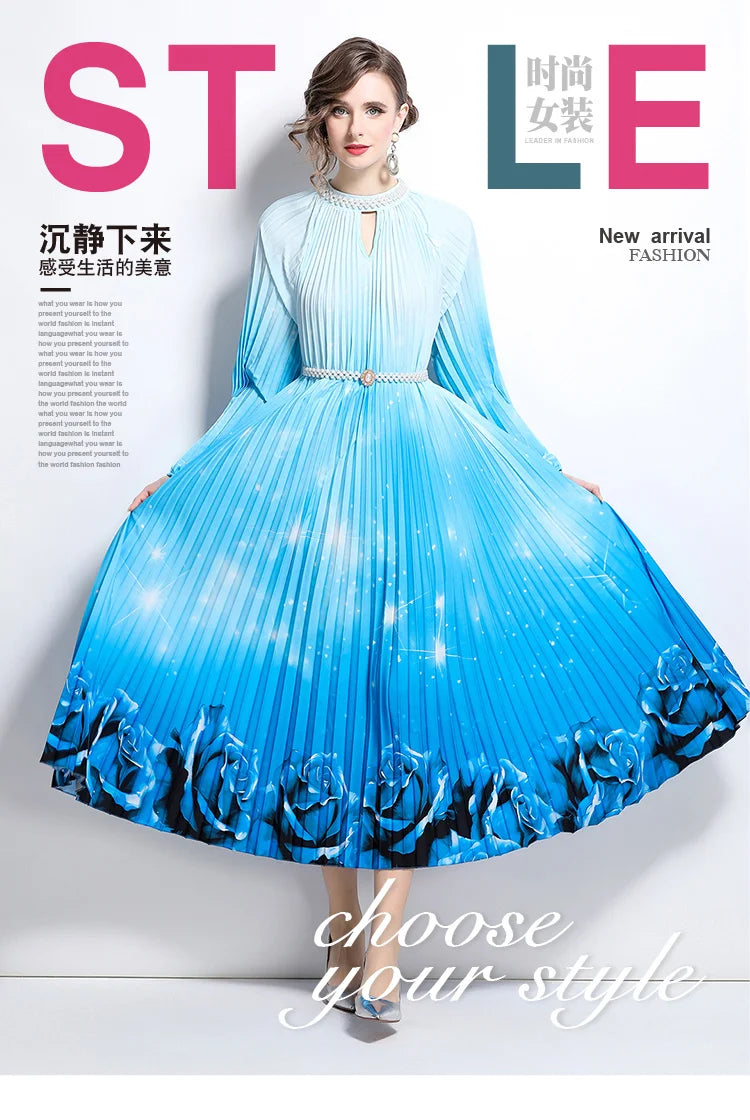 Maxy Premium Embroidered & Heat-Set Chiffon Dress for Women, Flowy Print with Pleats, Pearl-Button Accent, Elegant Maxy Skirt