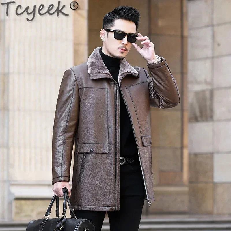 Tcyeek Genuine Leather Jacket Men Business Casual Real Cowhide Coats for Man Thickened Warm Wool Jackets Winter Clothes Overcoat