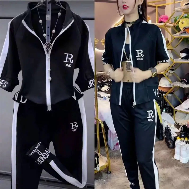 Amay Women's Casual Tracksuit Spring And Autumn New Fashion Suit Plus Size Short Sleeve Hooded Tops Pants 2 Two Piece Set For Women