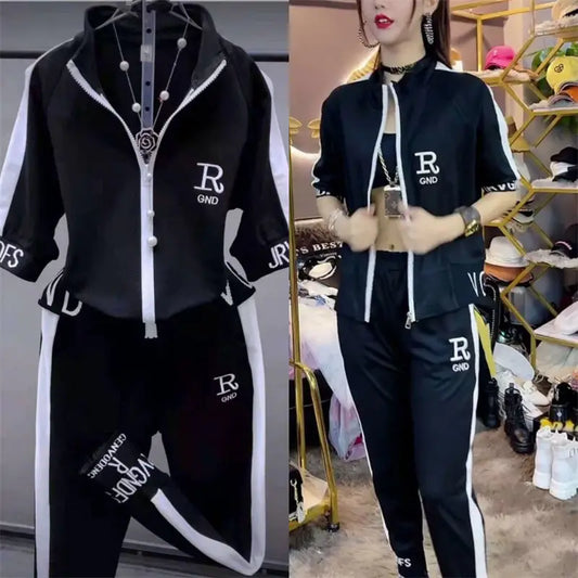 Amay Women's Casual Tracksuit Spring And Autumn New Fashion Suit Plus Size Short Sleeve Hooded Tops Pants 2 Two Piece Set For Women