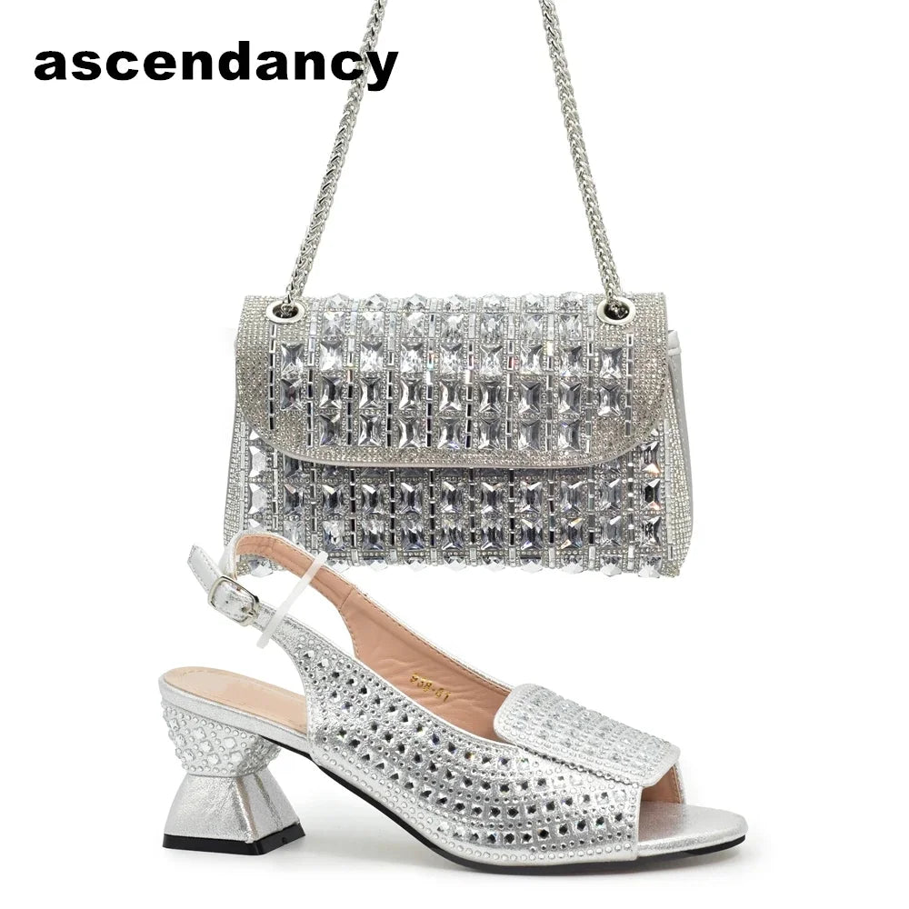 Max New Arrival Italian Design Elegant Evening Shoes and Bag Set African Crystal Comfortable Shoes and Bag Commuter Women's Shoes