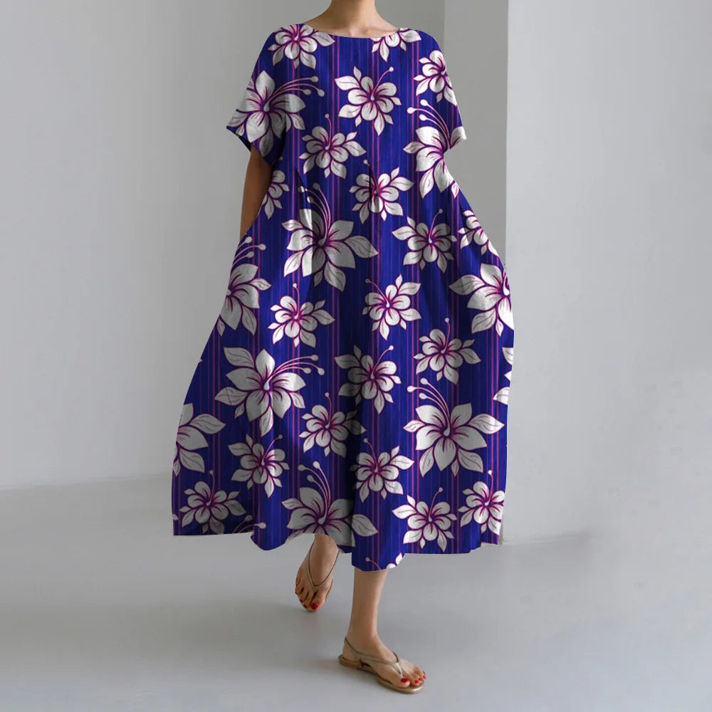 Maxy Summer New Bohemian Casual Dresses Vintage Women's Cotton Printed Dresses Womens Floral Long Dresses Round Neck Pullover Dresses