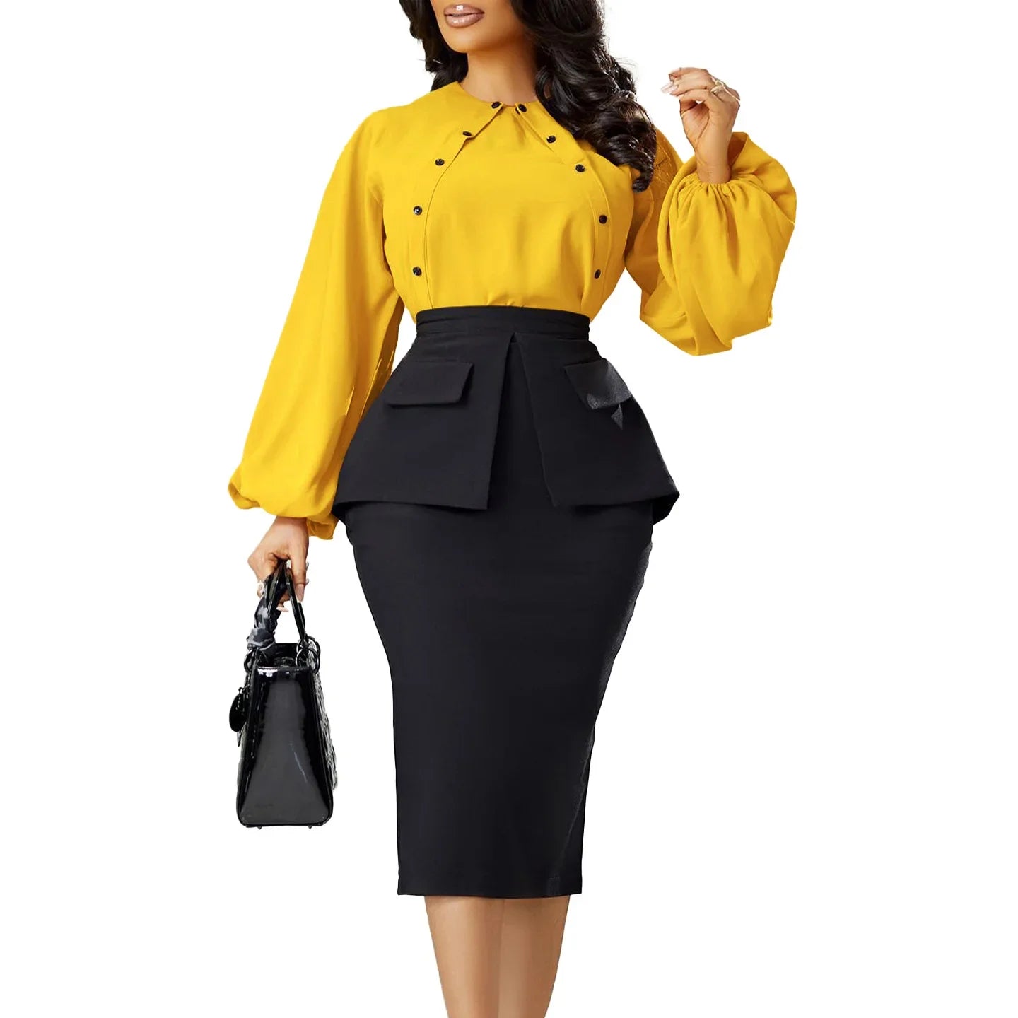 Gacy Autumn and Winter New Fashion Temperament OL Tongler Long-sleeved Top Wrap Hip Skirt Two-piece Set