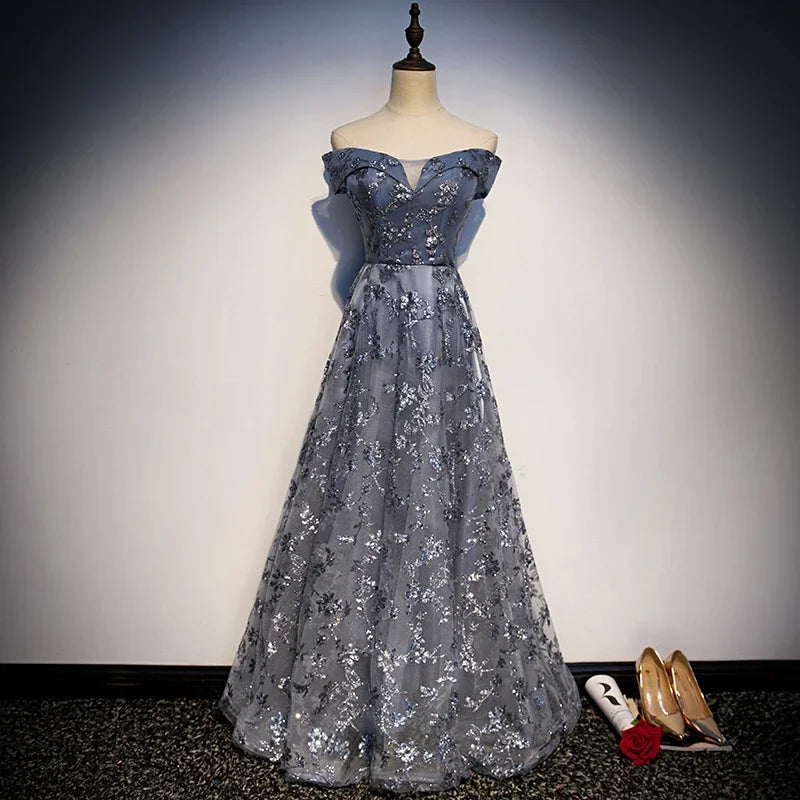 Maxy Customized Evening Dresses Burgundy Bling Tulle A-line Floor-length Off the Shoulder Plus size Woman Party Formal Gown