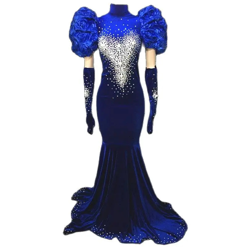 Maxy Women Velvet Backless Evening Dress Sparkling Rhinestone Pearls High-end Floor-length Dress Birthday Party Queen Couture Sirong