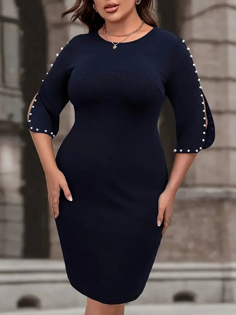 Maxy Plus Size Pearl Beading O-Neck 3/4 Sleeve Dress Women's Spring Summer Elegant Solid Office Ladies Bodycon Short Dresses