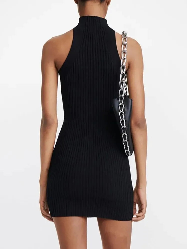 Maxy TWOTWINSTYLE Knitting Hollow Out Dresses For Women Stand Collar Sleeveless High Waist Temperament Slimming Dress Female Clothing