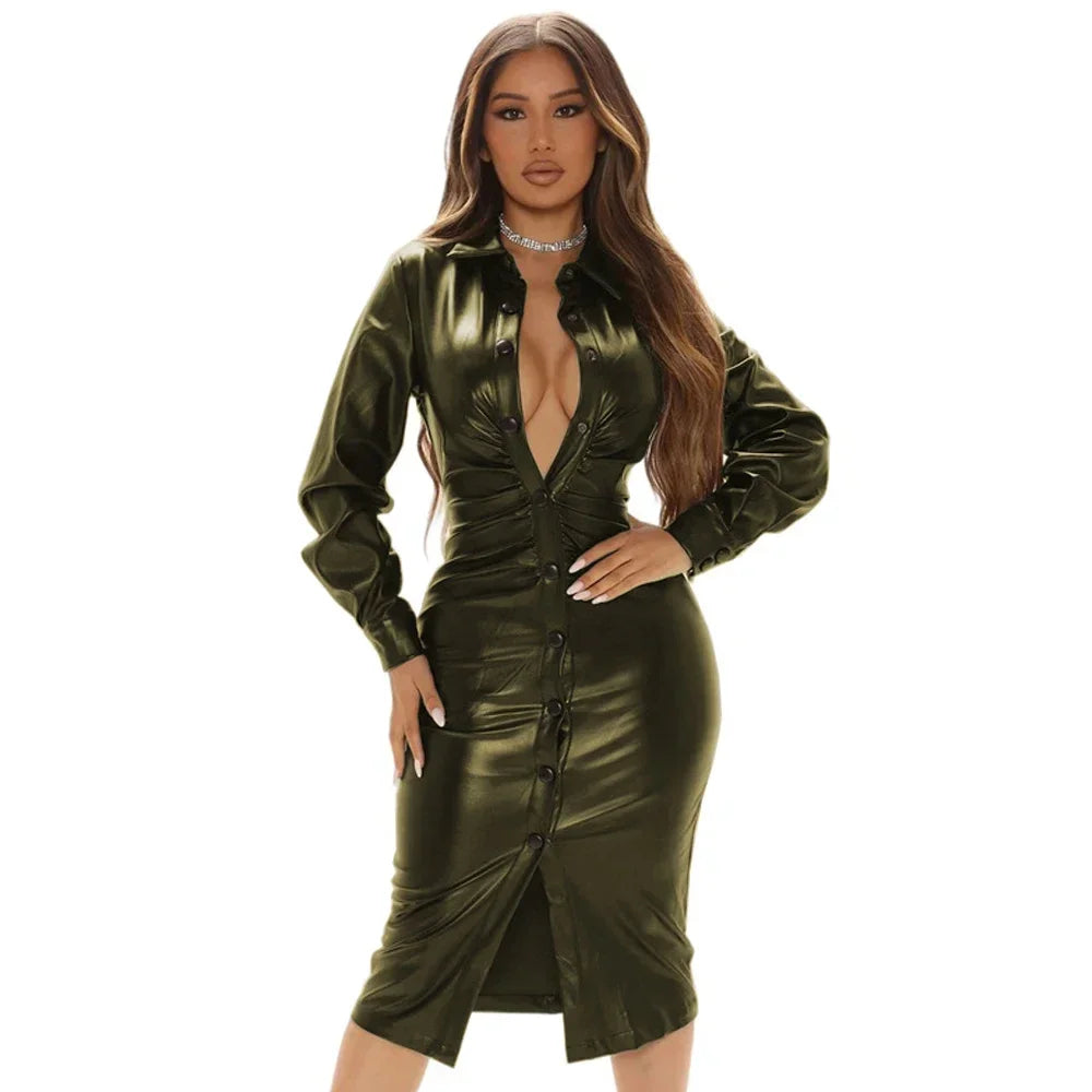 Maxy Plus Size Office Ladies Long Sleeved Dress Matte PU Leather Solid Color Lapel Button-Up Midi Dress Chic Elegant Women's Dresses