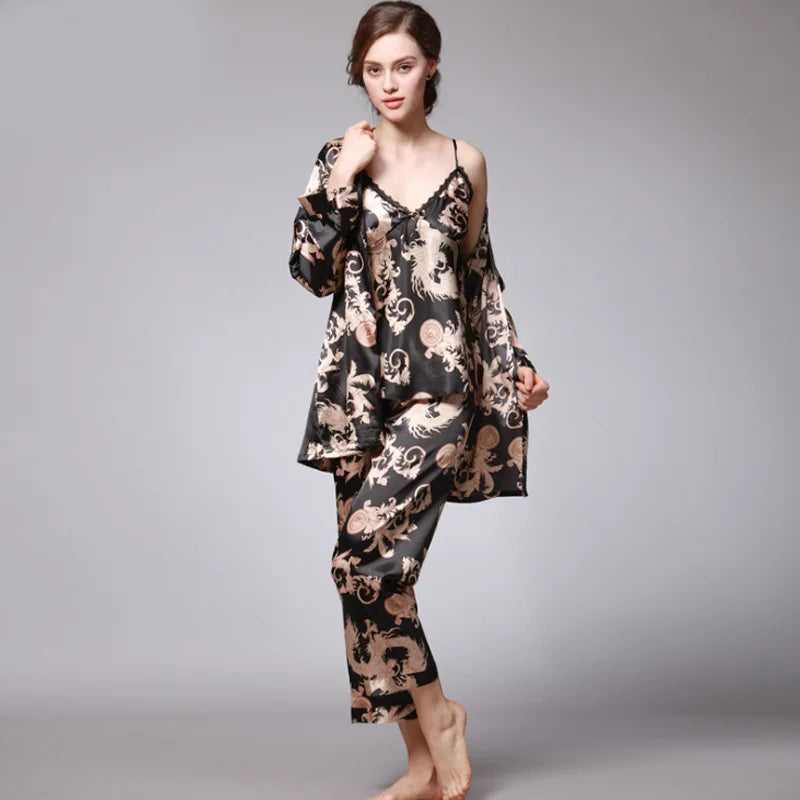 Amay Women's Silk Satin Pajamas Set 3 Pcs Floral Silky Pj Sets Sleepwear Cami Nightwear with Robe and Pant