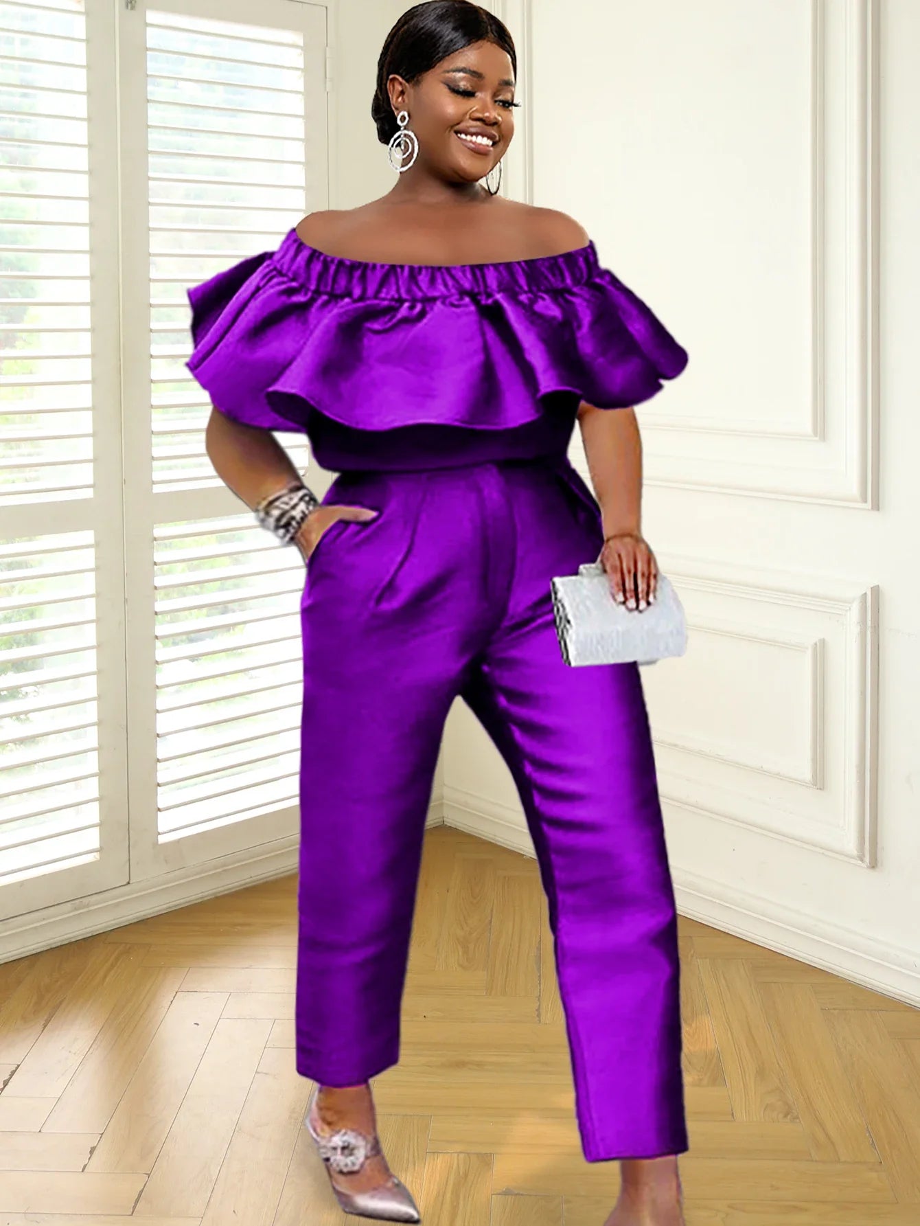 Zay Women Stylish 2 Pieces Set Shiny Satin Purple Ruffle Hem Cropped Tops and Straight Trousers Pockets Summer Party Streetwear