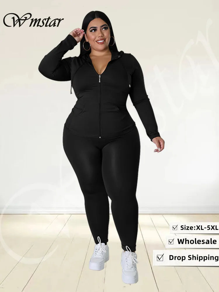 Wmstar Plus Size Two Piece Outfits Women Hoodies Sweatsuit Leggings Pants Sets Solid Stretch Matching Wholesale Dropshipping New