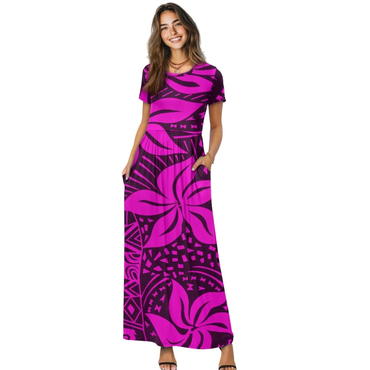Maxy New Plumeria Style Short Sleeve Pleated Casual Dress Polynesian Loose Pocket Long Dress Women's Casual Comfortable