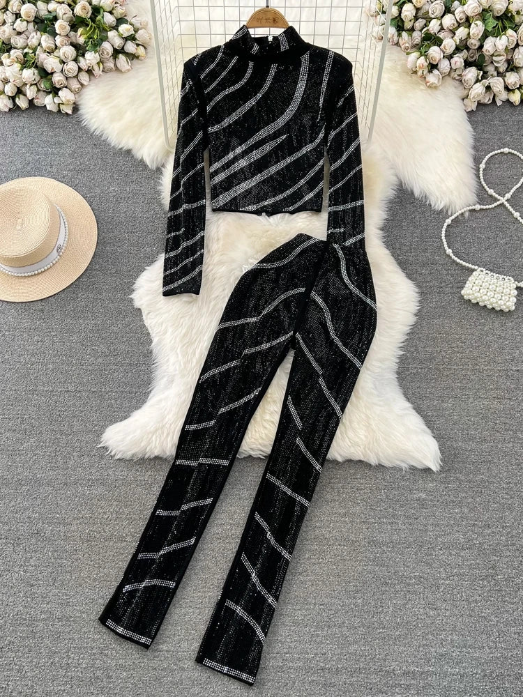 Maxy Spring Autumn Women Diamonds Striped Two Piece Set Gold/Silver/Black Stand Collar Long Sleeve Short Tops + Pants Suit 2Pcs New