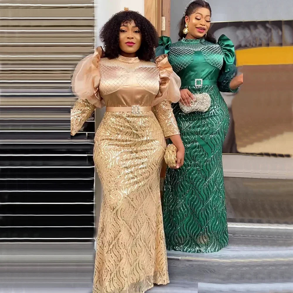 Maxy Plus Size Luxury Sequin Evening Party Long Dresses for Women Dashiki Ankara Turkey Outfits Gowns Africa Clothing