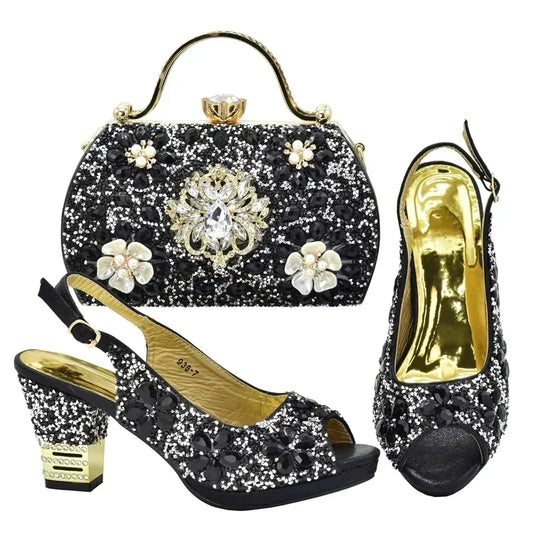 Maxy Wedding Matching Shoes and Bags with Full Rhinestone Party Shoe and Bag Set for Women Italy Elegant Woman Heeled Pumps