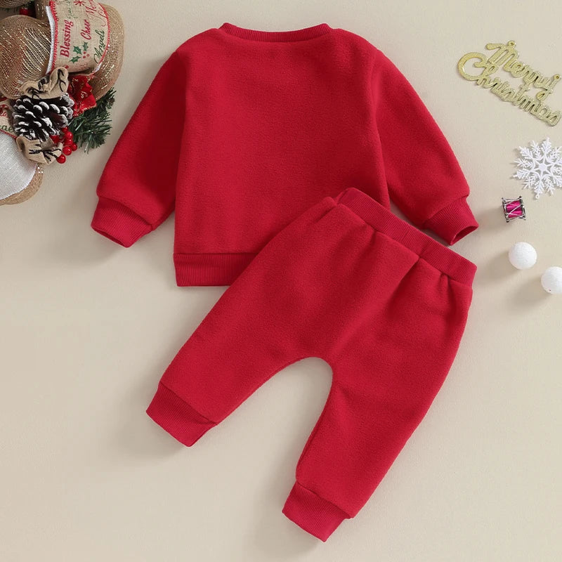 Maxy Toddler Boys Christmas Outfits Santa Embroidery Long Sleeve Sweatshirts and Solid Color Long Pants 2Pcs Clothes Set