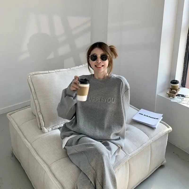 Maxy Plus Velvet Thicken Sports Suits Women's Autumn Winter New Korean Printed Sweatshirt Casual High-waisted Trousers Two-piece Sets