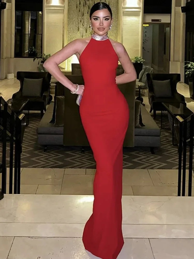 Maxy Women Red Party Dress Luxury Elegant Diamonds Halter Backless Slim Long Celebrity Evening Gowns Korean One Piece Dresses