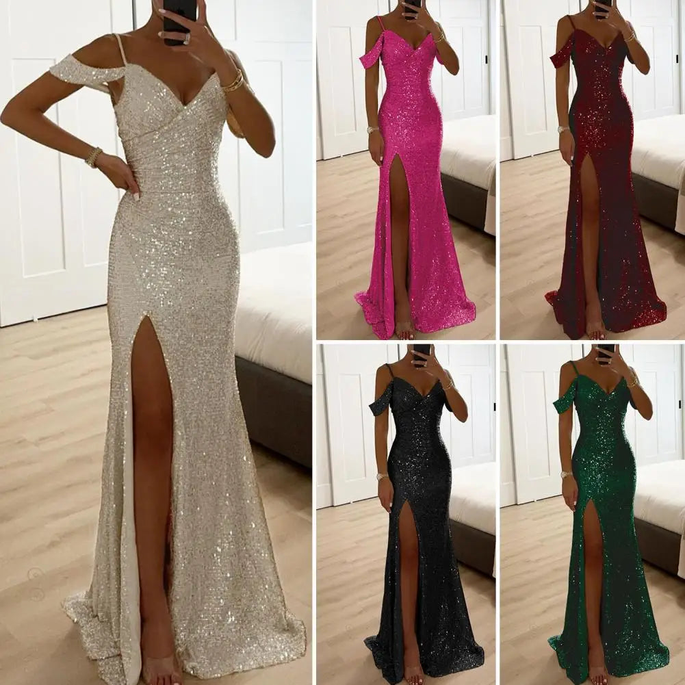 Amay V Neck Dress Elegant Sequin Ball Gown for Prom Wedding Parties Off Shoulder V Neck Maxi Dress with Side Slit Slim Fit Banquet