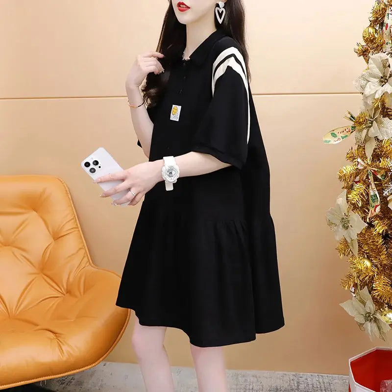 Maxy Casual Polo-Neck Button Dresses Summer Korean Stylish Printed Women's Clothing Spliced All-match Loose Short Sleeve Midi Dress