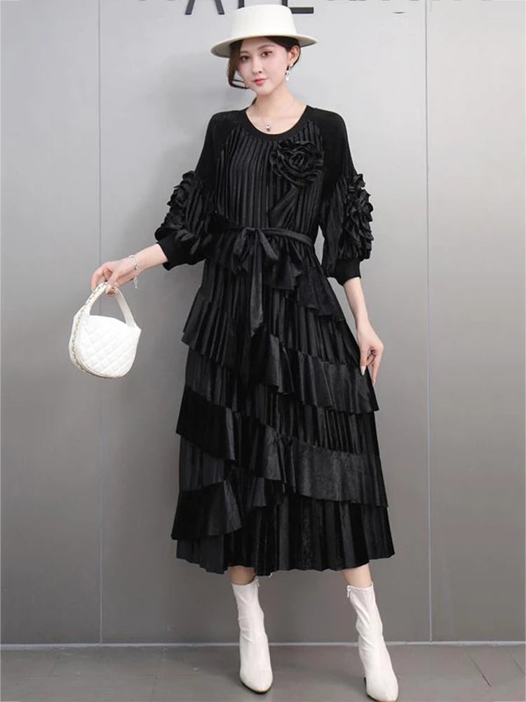 Maxy Evening Party 3D Flowers Dresses Women Round Collar A Line Lace-up Solid Color New Irregular Ruffles Dress 5G274