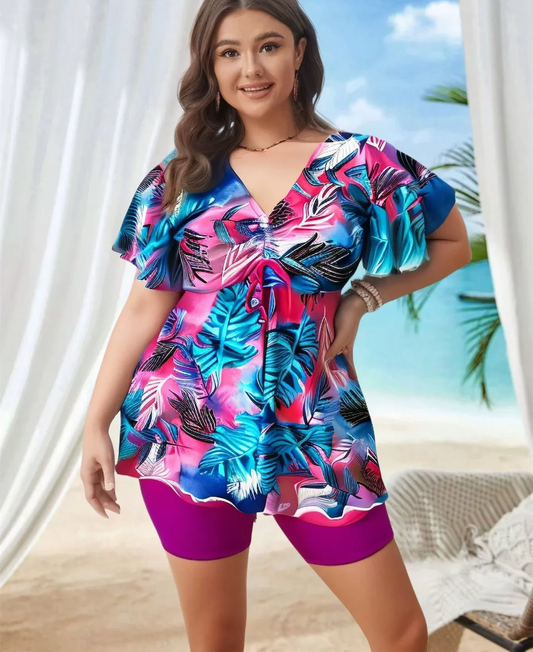 Maxy Women's Plus Size Tankini Swimsuits Two Piece Bathing Suits Printed Short Sleeve Swim Tops And High Waist Shorts Swimwear