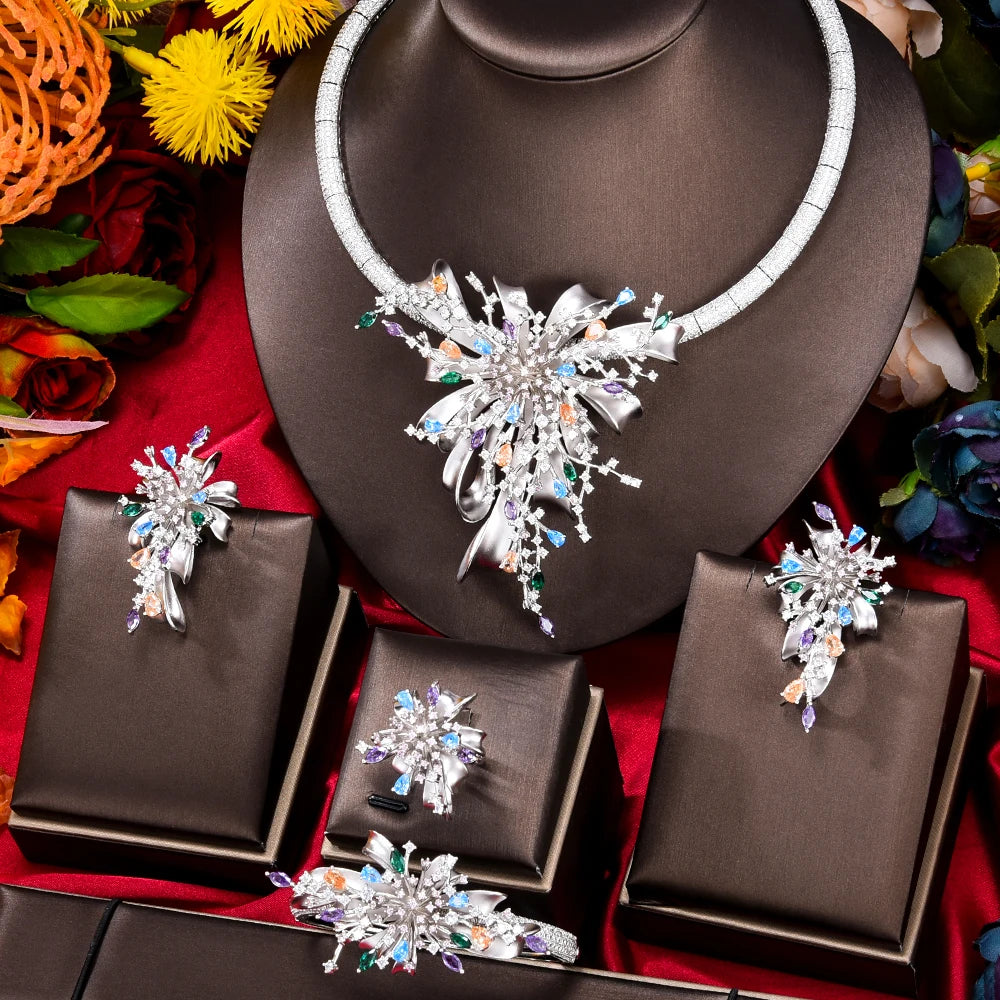 Maxy NEW Luxury 4PCS UAE Rainbow Fireworks Jewelry Set For Women Wedding Party Cubic Bridal Jewelry Set