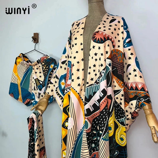 Maxy new summer beach two piece set for women Bohemian Print long Sleeve trab Dress Women Floor Length New vacation kimono