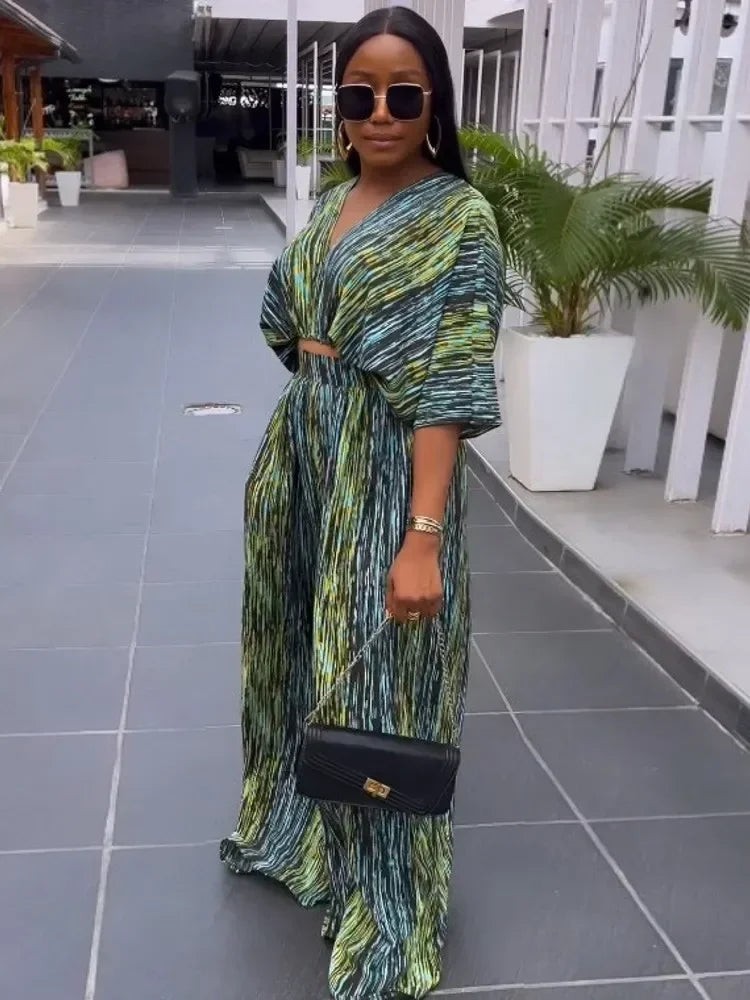 Maxy Two Piece Set Africa Clothes African New Dashiki Fashion Flower Print Suit Top Trousers Super Elastic Party For Women Outfits