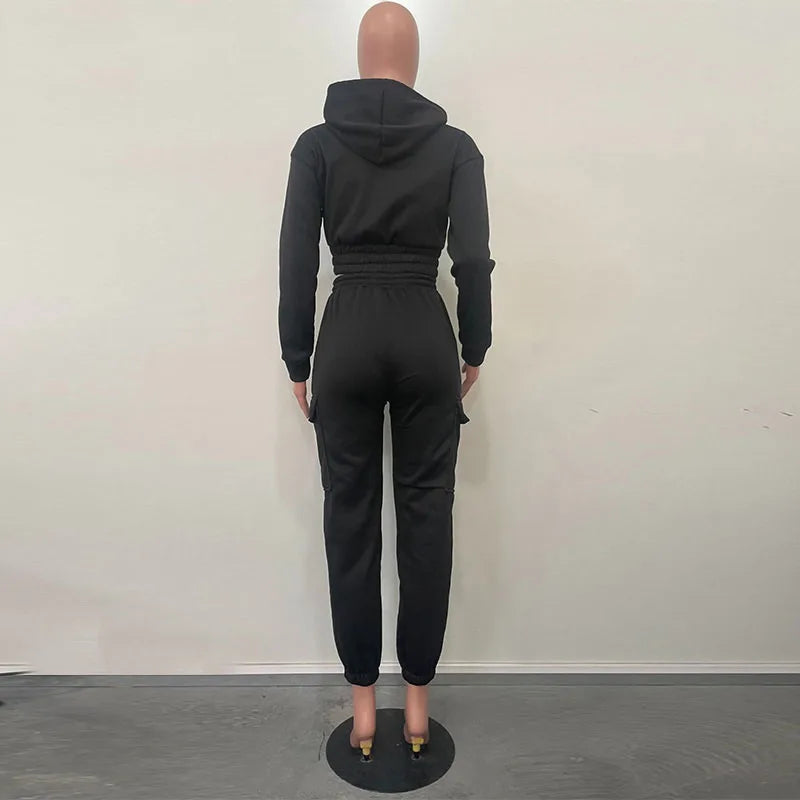 Macy Hooded Jacket Sweatshirt and Sweatpants Woman Plush Two Piece Tracksuit Long Sleeve Zipper Crop Top Legging Set