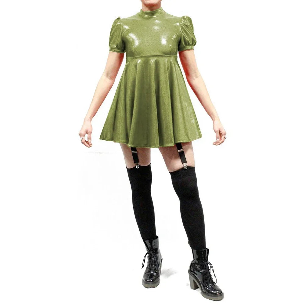 Maxy Plus Size Latex-look Mini Dresses Fashion Mock Neck Pleated A-Line Sissy Dress Rave Party Swing Short Dresses Male PVC Vestidos
