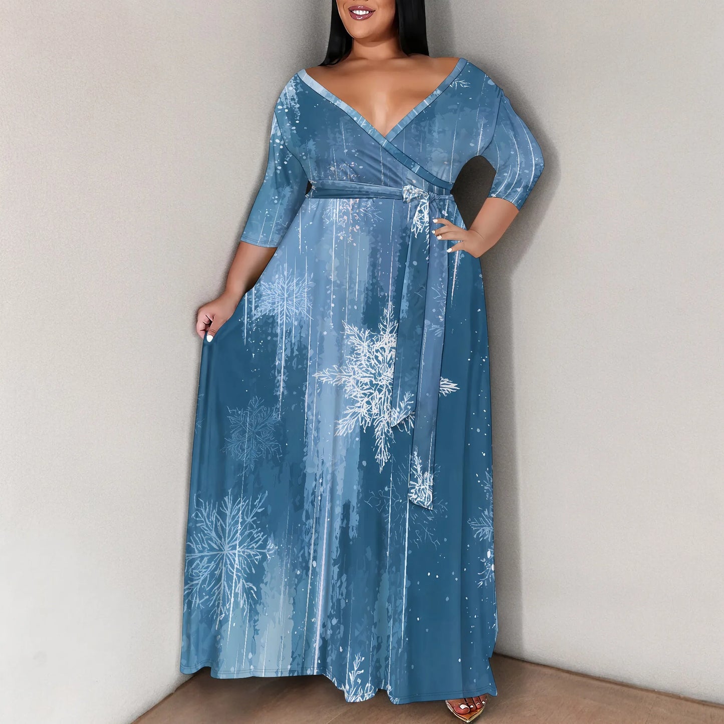 Maxy Plus Size Women's 3/4 Sleeve V-Neck Snowflake Print Wrap Maxy Dress Winter Elegant Party Dress