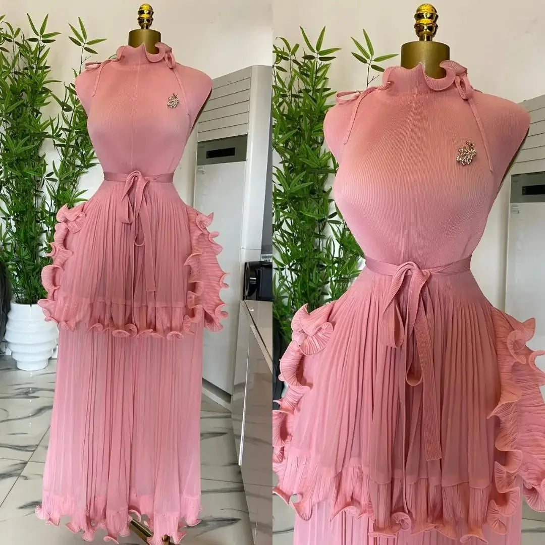 Maxy Summer New Pleated Dress Women's Solid Sleeveless Ruffles Lace Bottom Skirt with Belt Fashion Female Dresses