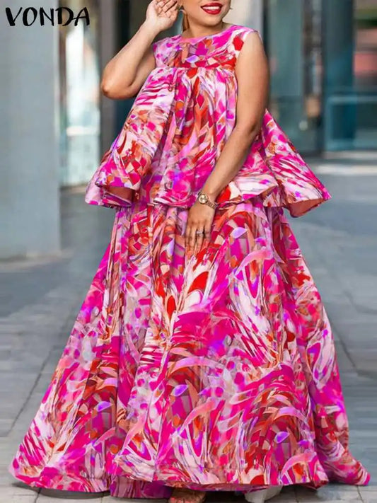 Maxy Plus Size VONDA Women Summer Dress Sets Oversize Sleeveless Tops and Maxy Skirt Bohemian Printed Sets 2PCS Loose Sets