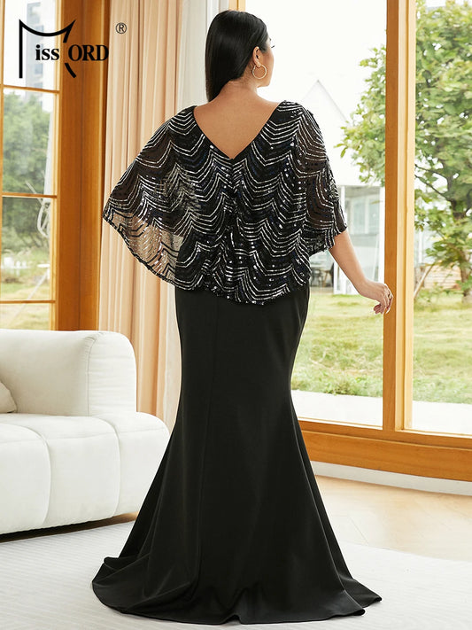 Missord Plus Size Chic Elegant V Neck Sequin Batwing Sleeve Split Black Large Evening Gown Wedding Birthday Party Church Dress