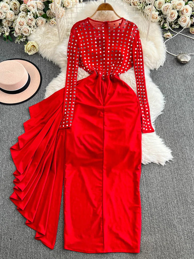 Maxy Elegant Sequin Mesh Irregular Flounce Dress Spring New Women's O-neck Long Sleeves Contrast Color Long Dresses 27X1905